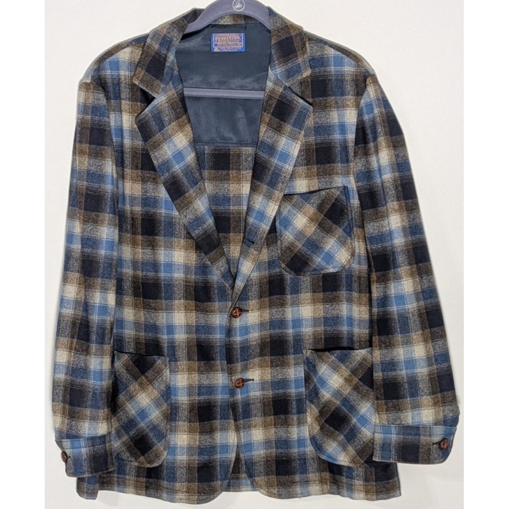 Vintage Pendleton Topster Wool Blue Brown Plaid Shirt Jacket USA L